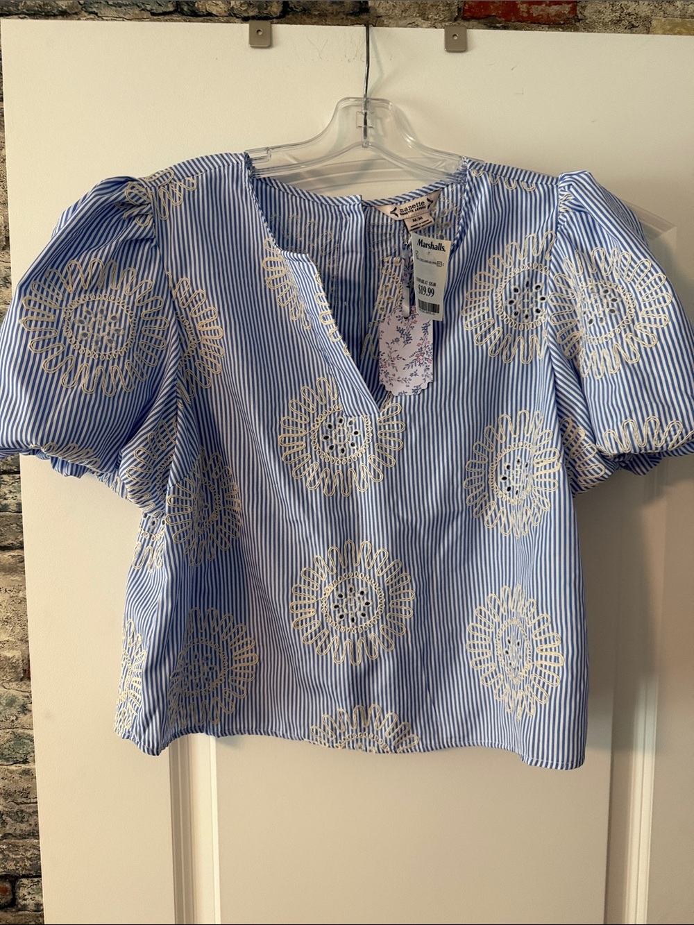 Nanette Blue & White Striped Eyelet Puff-Sleeve Top